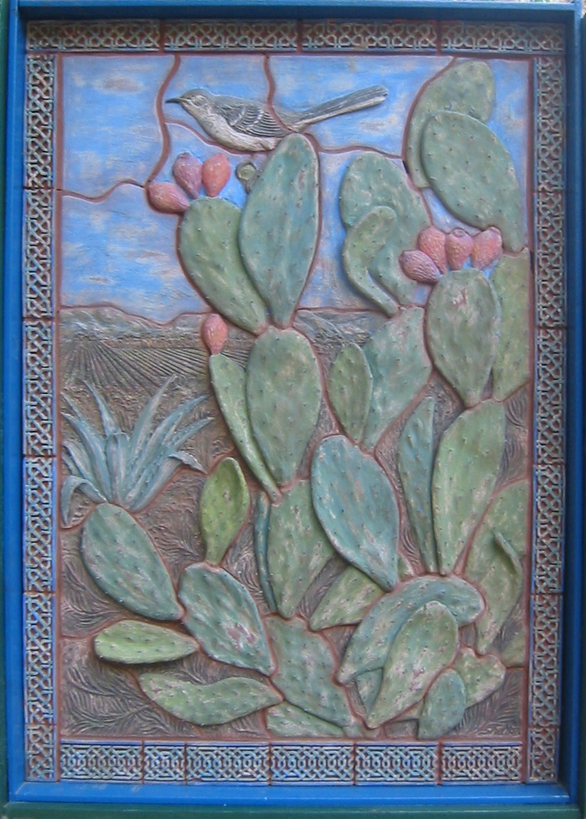 Rustic Carved Ceramic Mural Featuring Cactus and Mockingbird